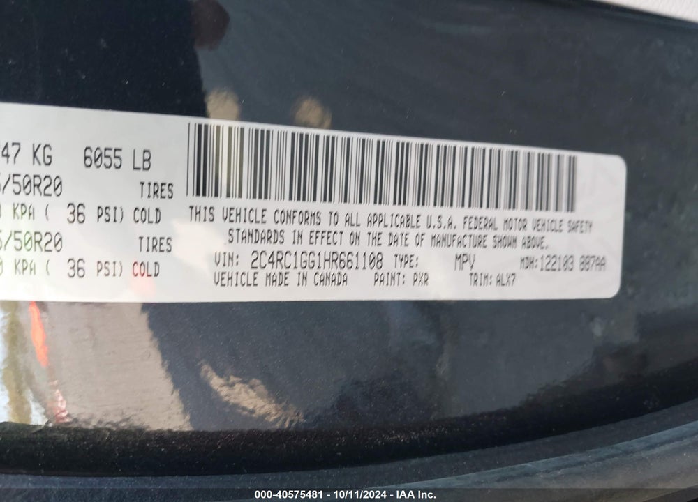 2017 CHRYSLER PACIFICA LIMITED VIN: 2C4RC1GG1HR661108