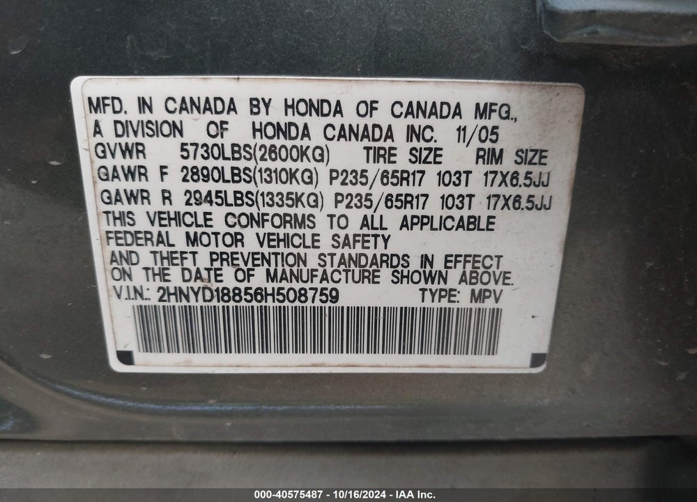 2006 ACURA MDX VIN: 2HNYD18856H508759
