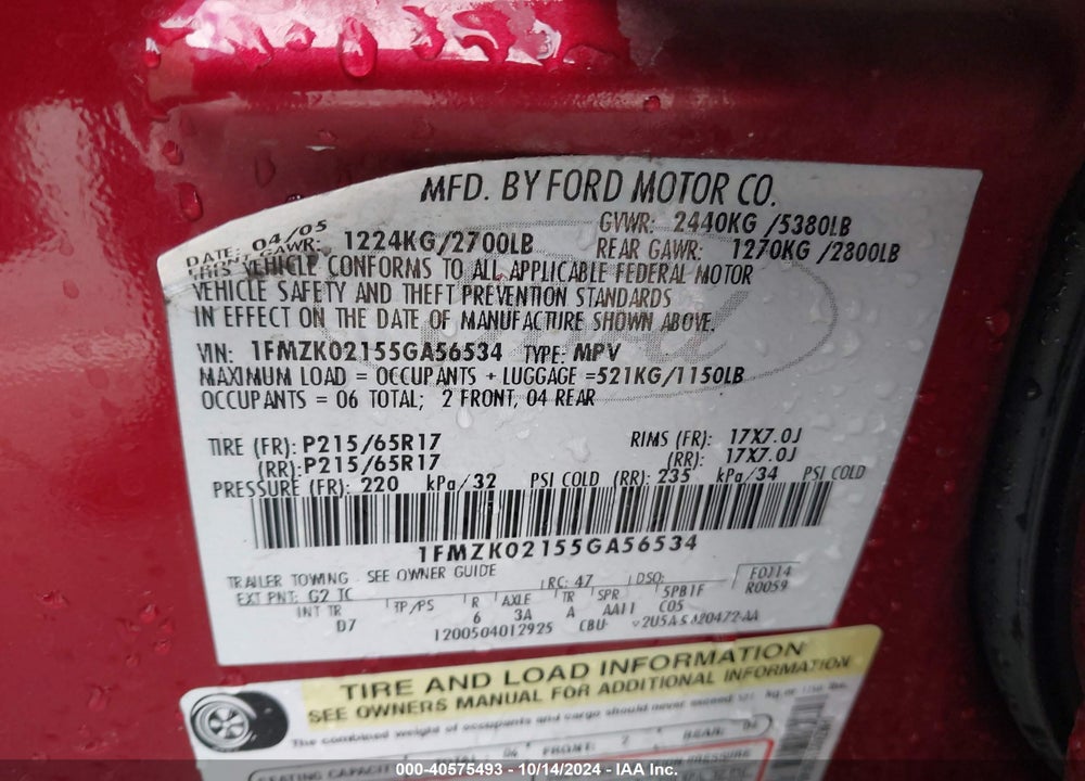 2005 FORD FREESTYLE SEL VIN: 1FMZK02155GA56534