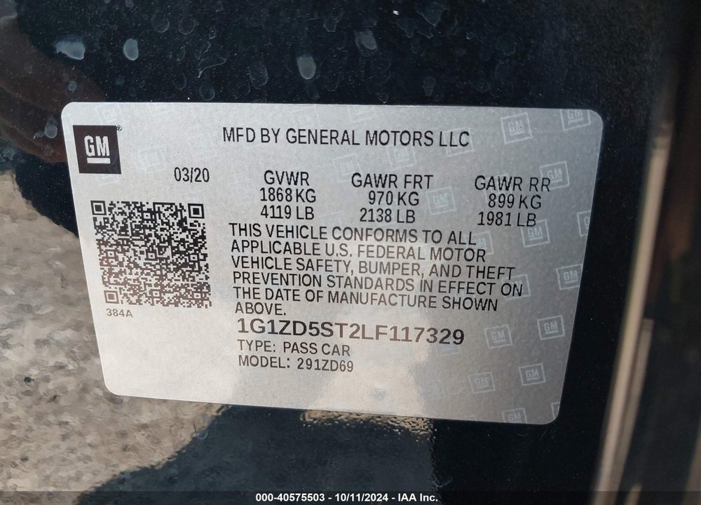 2020 CHEVROLET MALIBU FWD LT VIN: 1G1ZD5ST2LF117329