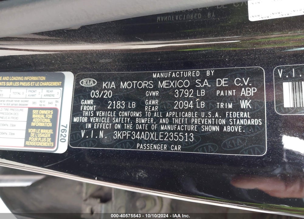 2020 KIA FORTE GT LINE VIN: 3KPF34ADXLE235513