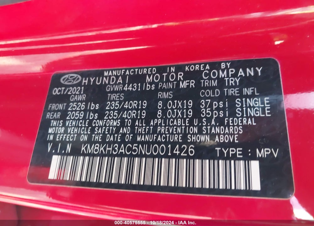 2022 HYUNDAI KONA N VIN: KM8KH3AC5NU001426