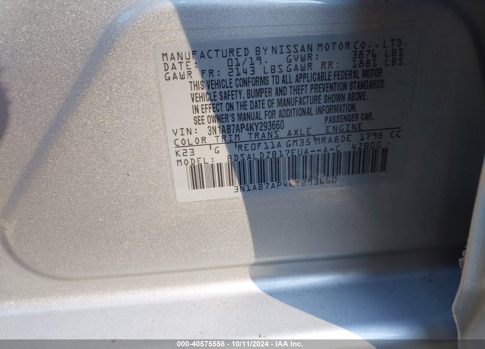 2019 NISSAN SENTRA SV VIN: 3N1AB7AP4KY293660