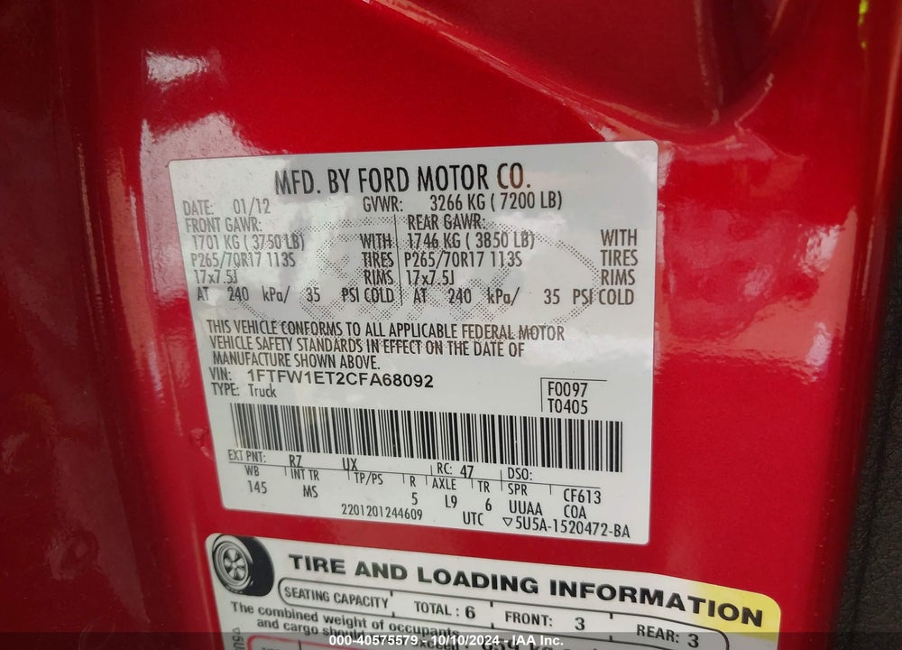 2012 FORD F-150 VIN: 1FTFW1ET2CFA68092