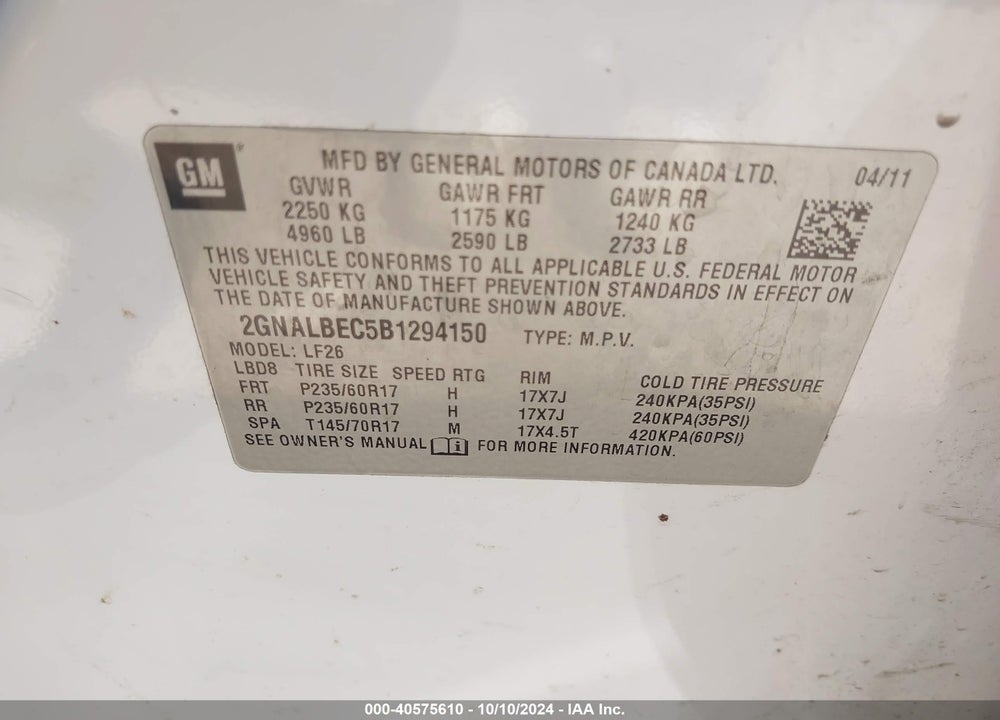 2011 CHEVROLET EQUINOX LS VIN: 2GNALBEC5B1294150