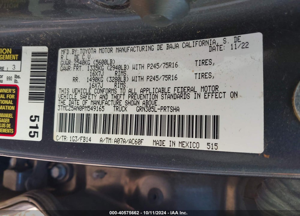2023 TOYOTA TACOMA SR V6 VIN: 3TMCZ5AN0PM549165