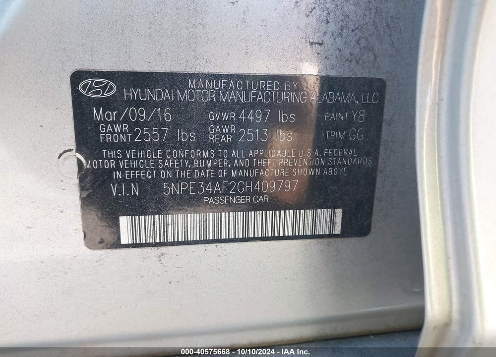 2016 HYUNDAI SONATA VIN: 5NPE34AF2GH409797