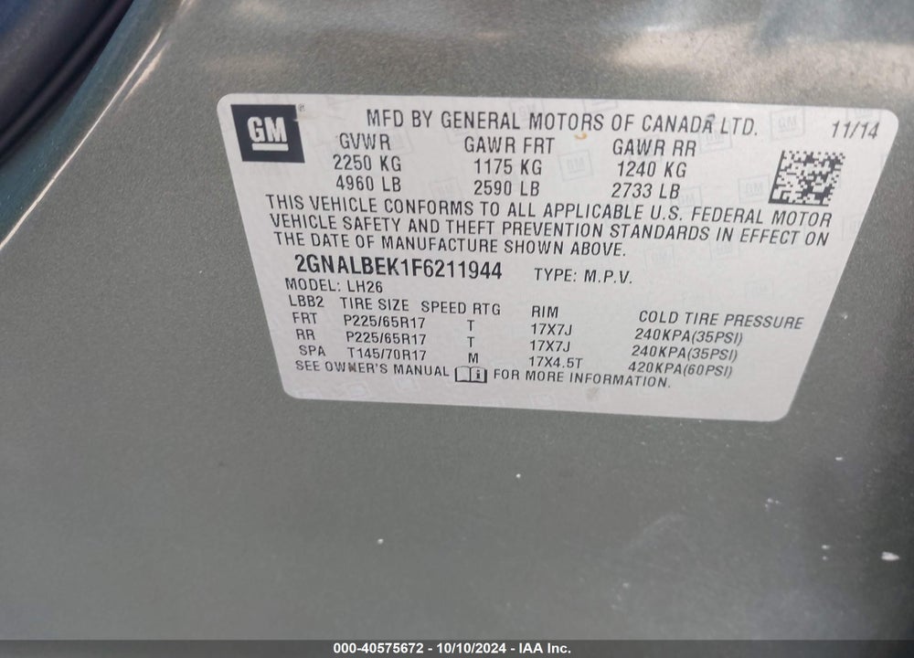 2015 CHEVROLET EQUINOX 1LT VIN: 2GNALBEK1F6211944
