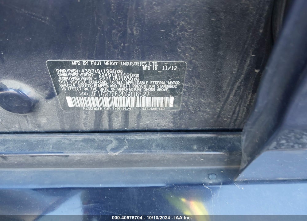 2013 SUBARU IMPREZA WRX PREMIUM VIN: JF1GR7E62DG816527