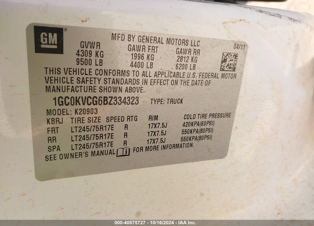 2011 CHEVROLET SILVERADO 2500HD WORK TRUCK VIN: 1GC0KVCG6BZ334323