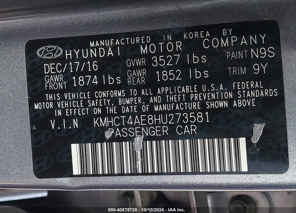 2017 HYUNDAI ACCENT SE VIN: KMHCT4AE8HU273581