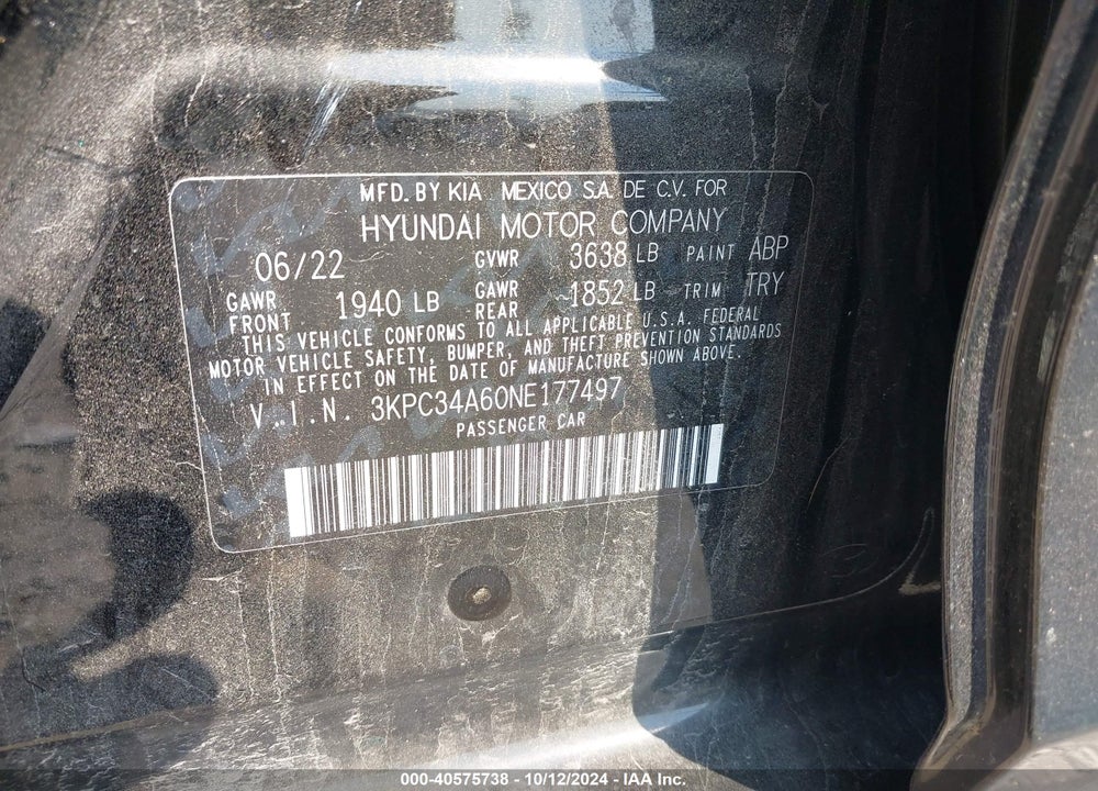 2022 HYUNDAI ACCENT LIMITED VIN: 3KPC34A60NE177497