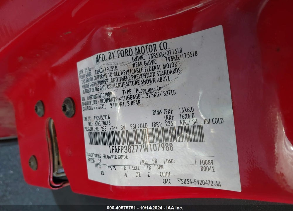 2007 FORD FOCUS ST VIN: 1FAFP38Z77W107988