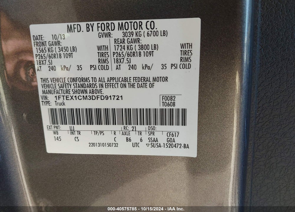 2013 FORD F-150 STX VIN: 1FTEX1CM3DFD91721
