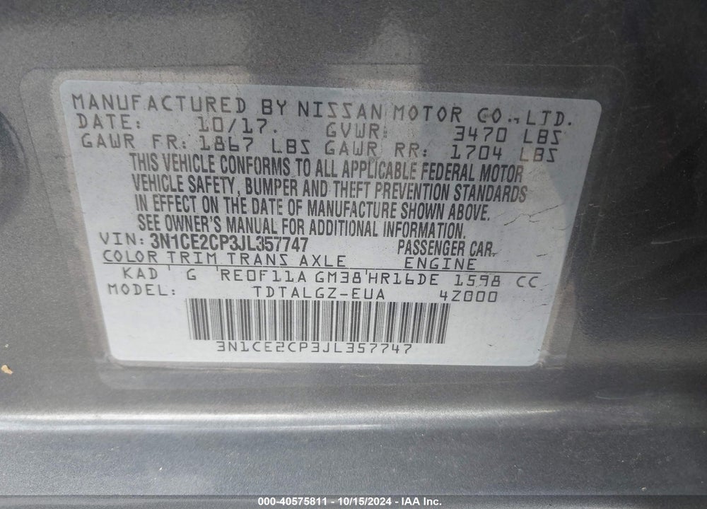2018 NISSAN VERSA NOTE SR VIN: 3N1CE2CP3JL357747