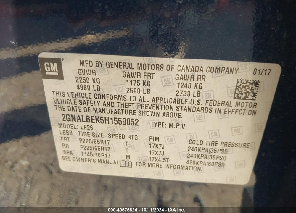 2017 CHEVROLET EQUINOX LS VIN: 2GNALBEK5H1559052