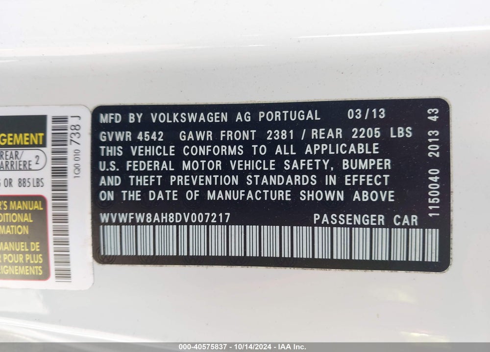 2013 VOLKSWAGEN EOS LUX VIN: WVWFW8AH8DV007217