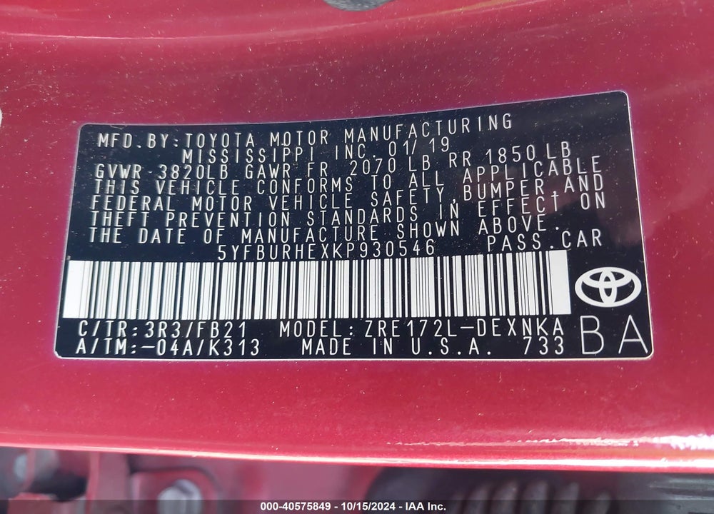 2019 TOYOTA COROLLA LE VIN: 5YFBURHEXKP930546