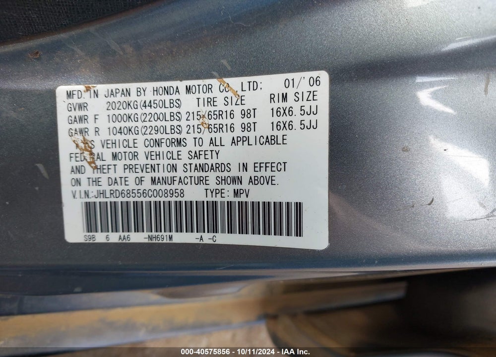 2006 HONDA CR-V LX VIN: JHLRD68556C008958