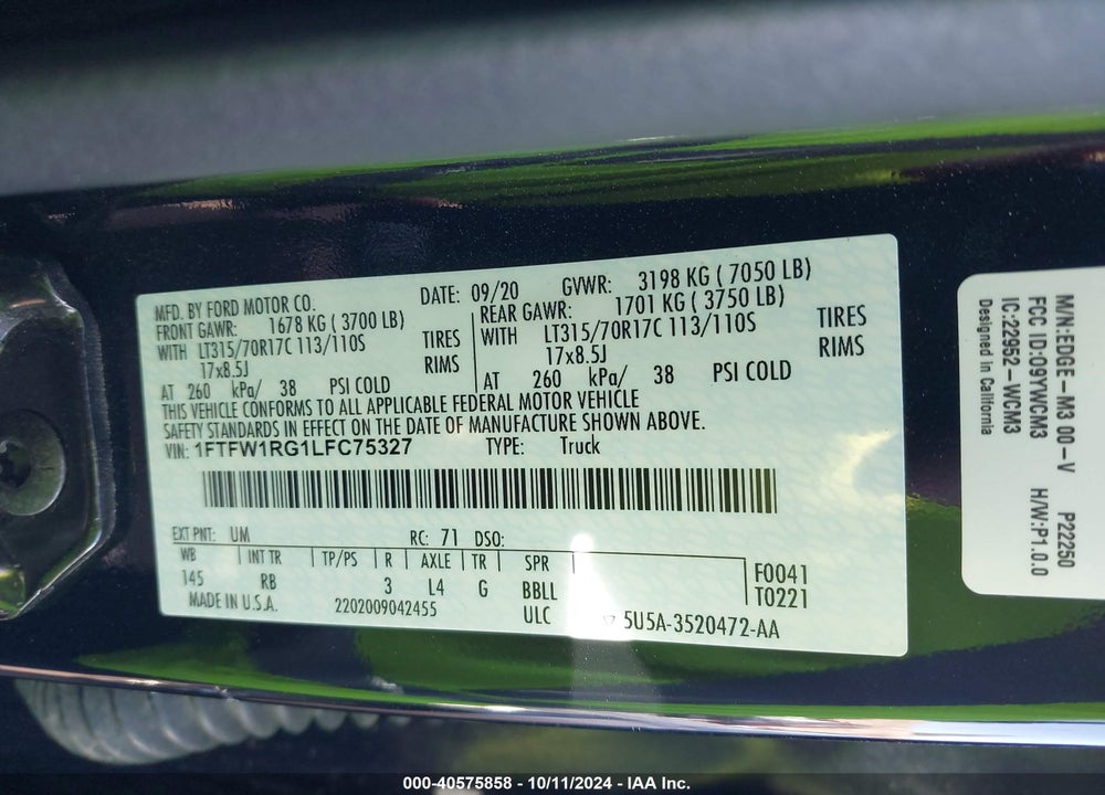 2020 FORD F-150 RAPTOR VIN: 1FTFW1RG1LFC75327