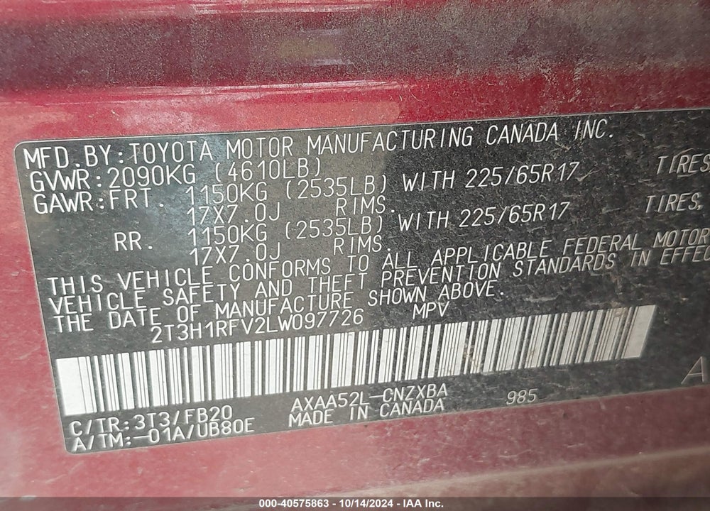 2020 TOYOTA RAV4 LE VIN: 2T3H1RFV2LW097726