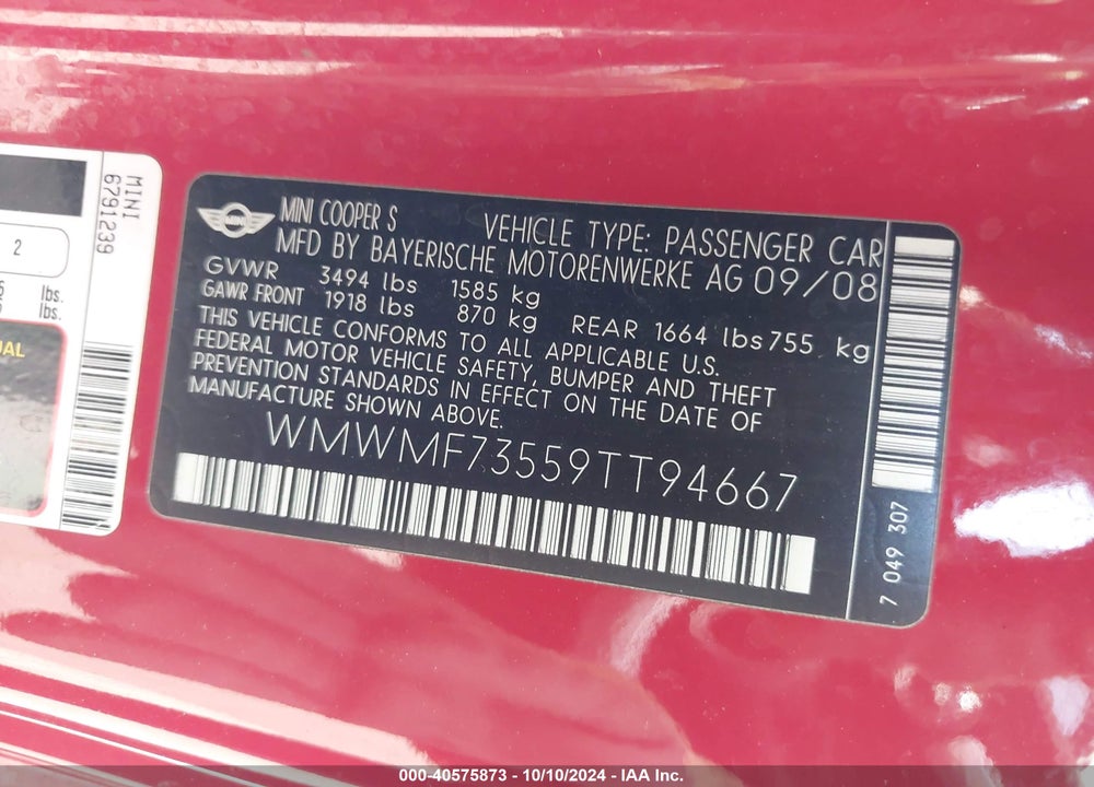 2009 MINI COOPER S VIN: WMWMF73559TT94667