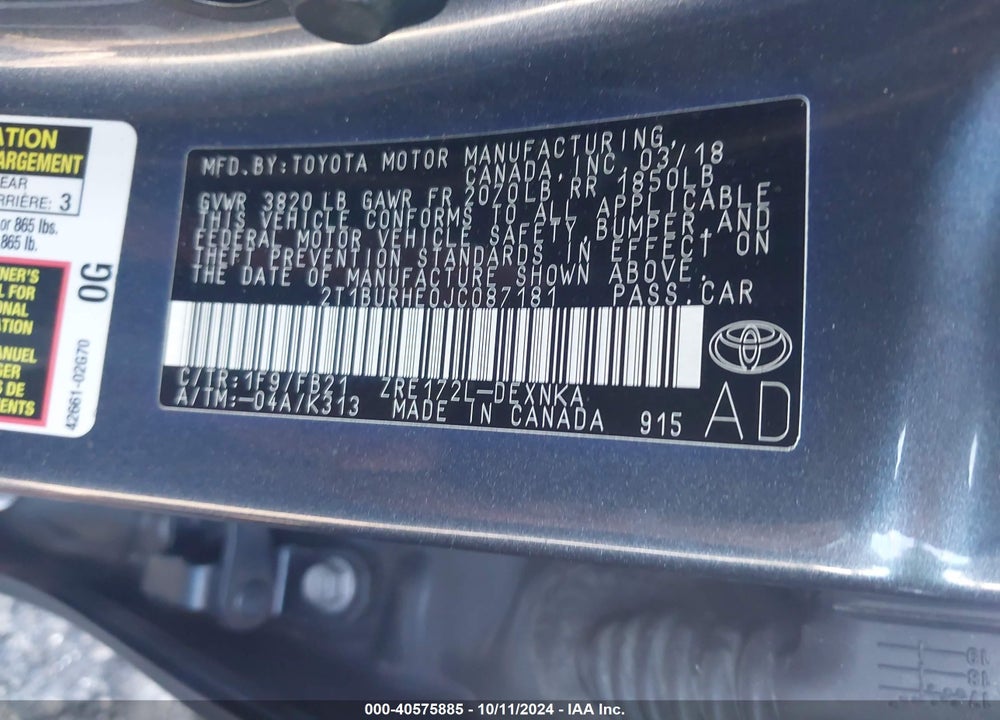 2018 TOYOTA COROLLA LE VIN: 2T1BURHE0JC087181