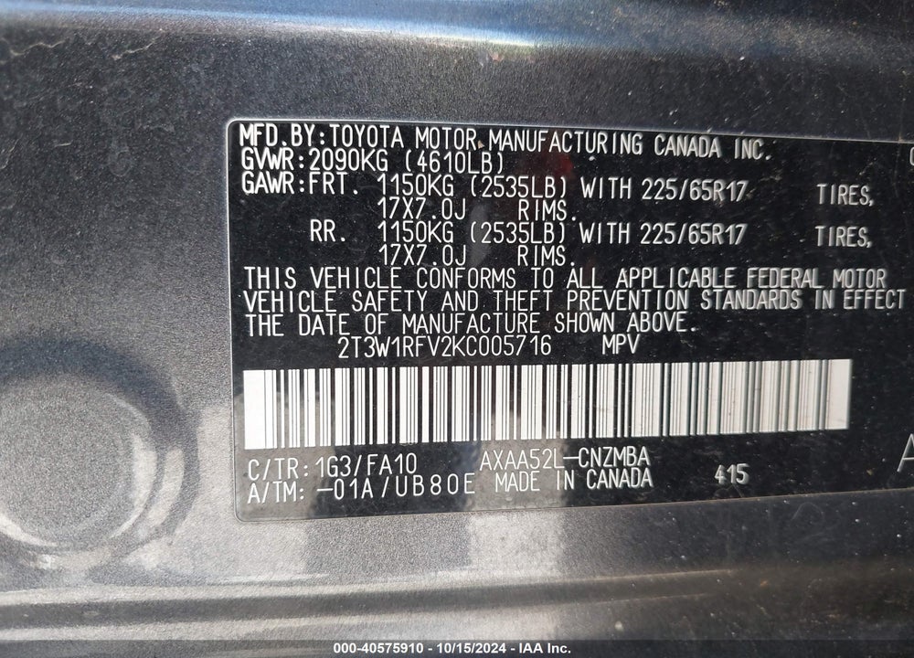2019 TOYOTA RAV4 XLE VIN: 2T3W1RFV2KC005716