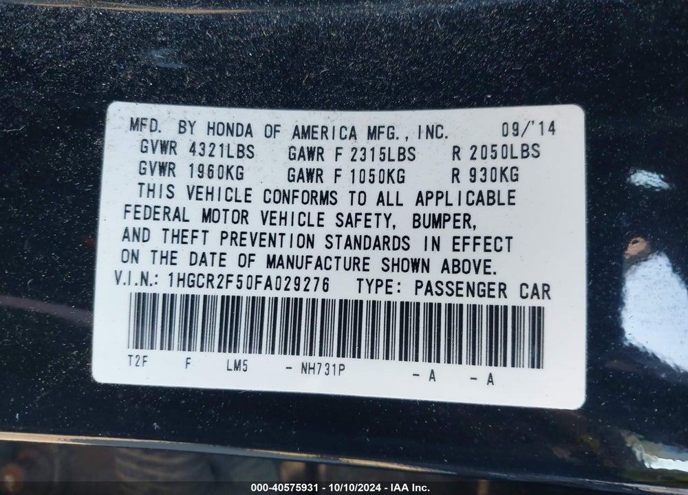 2015 HONDA ACCORD SPORT VIN: 1HGCR2F50FA029276