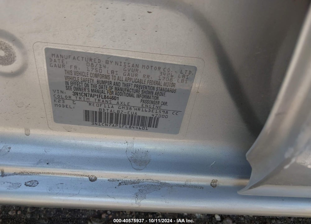 2015 NISSAN VERSA 1.6 SV VIN: 3N1CN7AP1FL844601