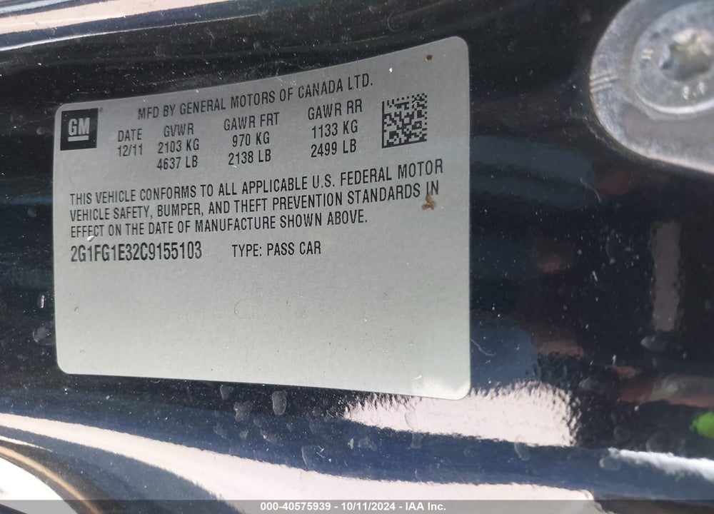 2012 CHEVROLET CAMARO VIN: 2G1FG1E32C9155103