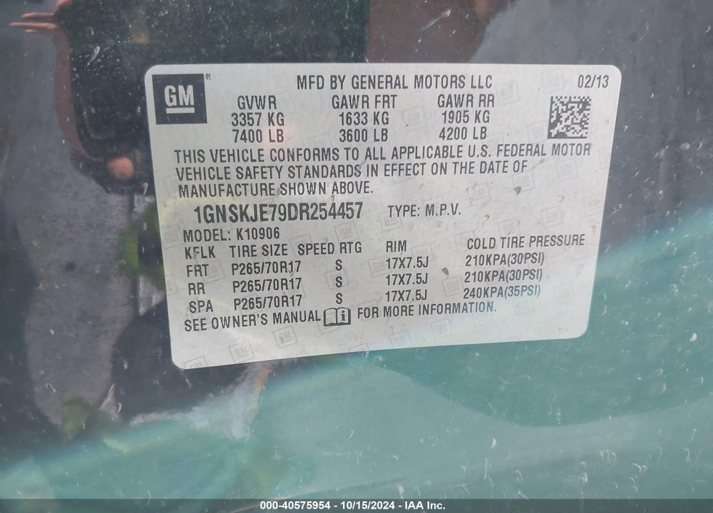 2013 CHEVROLET SUBURBAN VIN: 1GNSKJE79DR254457