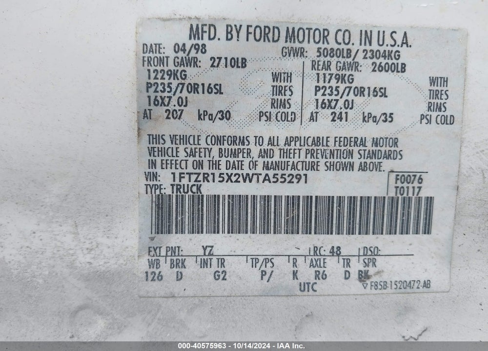 1998 FORD RANGER SPLASH/XL/XLT VIN: 1FTZR15X2WTA55291