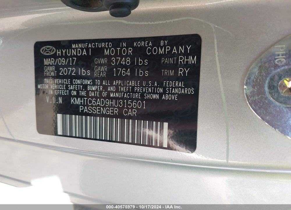 2017 HYUNDAI VELOSTER VALUE EDITION VIN: KMHTC6AD9HU315601