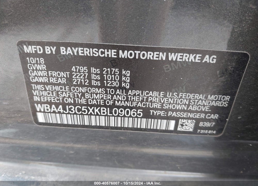 2019 BMW 430I GRAN COUPE VIN: WBA4J3C5XKBL09065