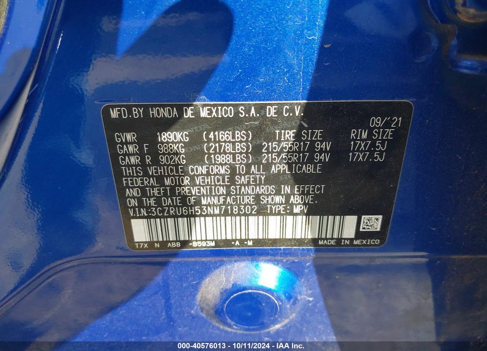 2022 HONDA HR-V AWD EX VIN: 3CZRU6H53NM718302