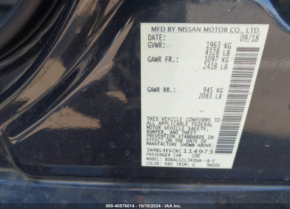 2019 NISSAN ALTIMA 2.5 SL VIN: 1N4BL4EV2KC114973