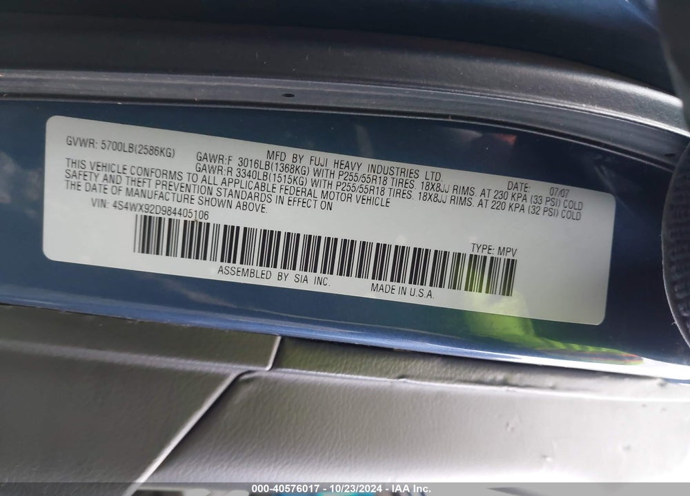 2008 SUBARU TRIBECA LIMITED 5-PASSENGER VIN: 4S4WX92D984405106