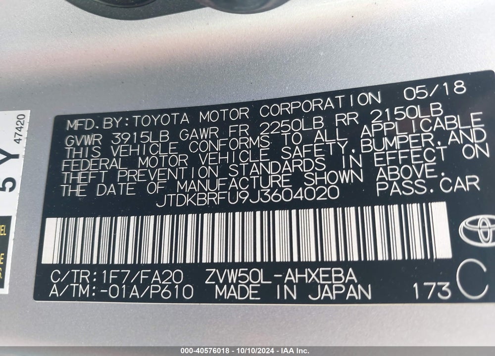 2018 TOYOTA PRIUS TWO VIN: JTDKBRFU9J3604020