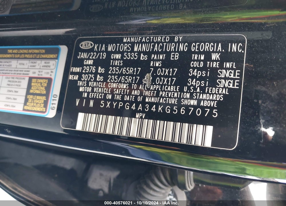 2019 KIA SORENTO 2.4L L VIN: 5XYPG4A34KG567075