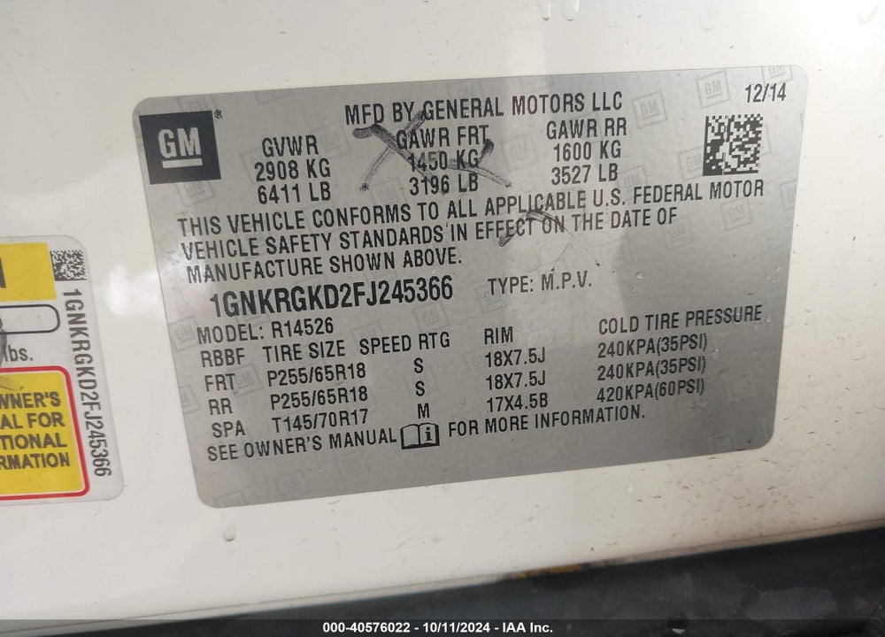 2015 CHEVROLET TRAVERSE 1LT VIN: 1GNKRGKD2FJ245366
