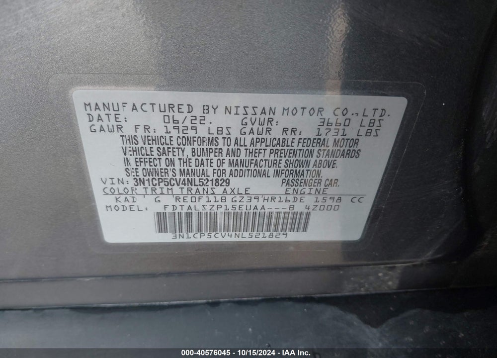2022 NISSAN KICKS SV XTRONIC CVT VIN: 3N1CP5CV4NL521829