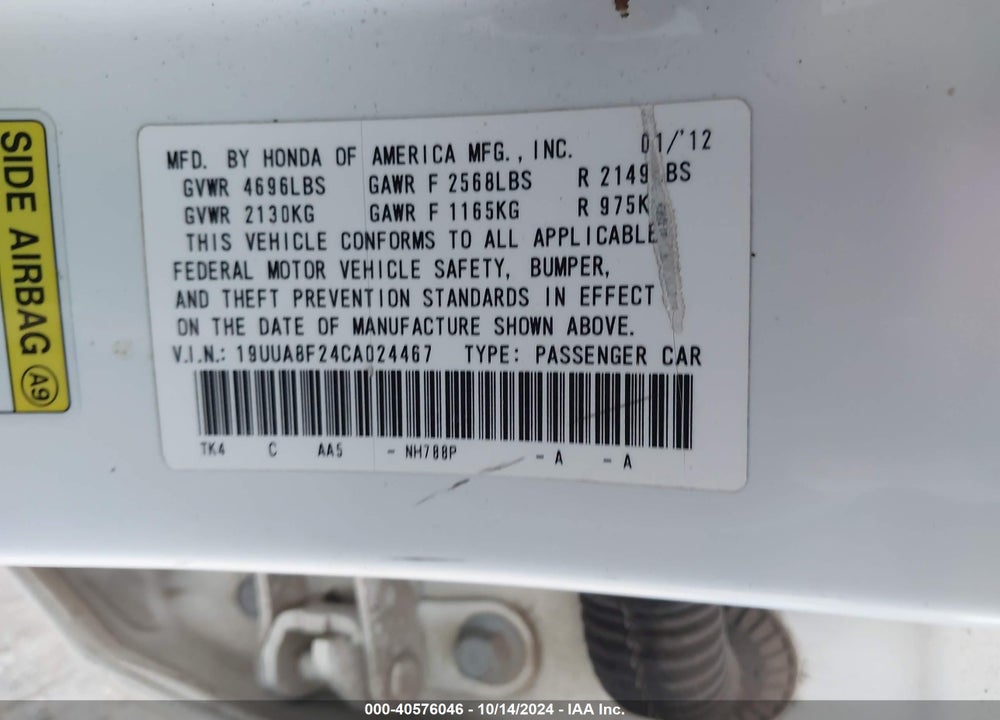 2012 ACURA TL 3.5 VIN: 19UUA8F24CA024467