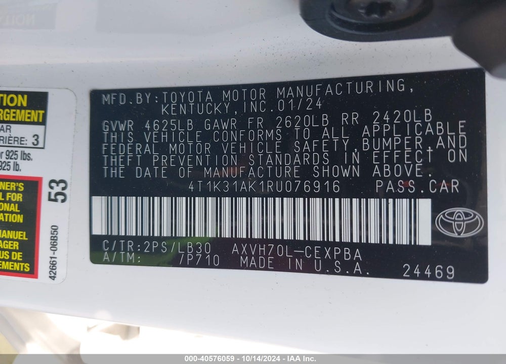 2024 TOYOTA CAMRY HYBRID XSE VIN: 4T1K31AK1RU076916