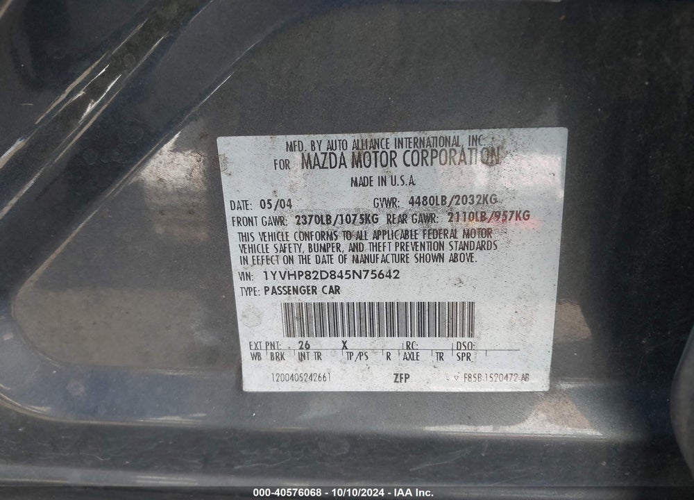 2004 MAZDA 6 S VIN: 1YVHP82D845N75642