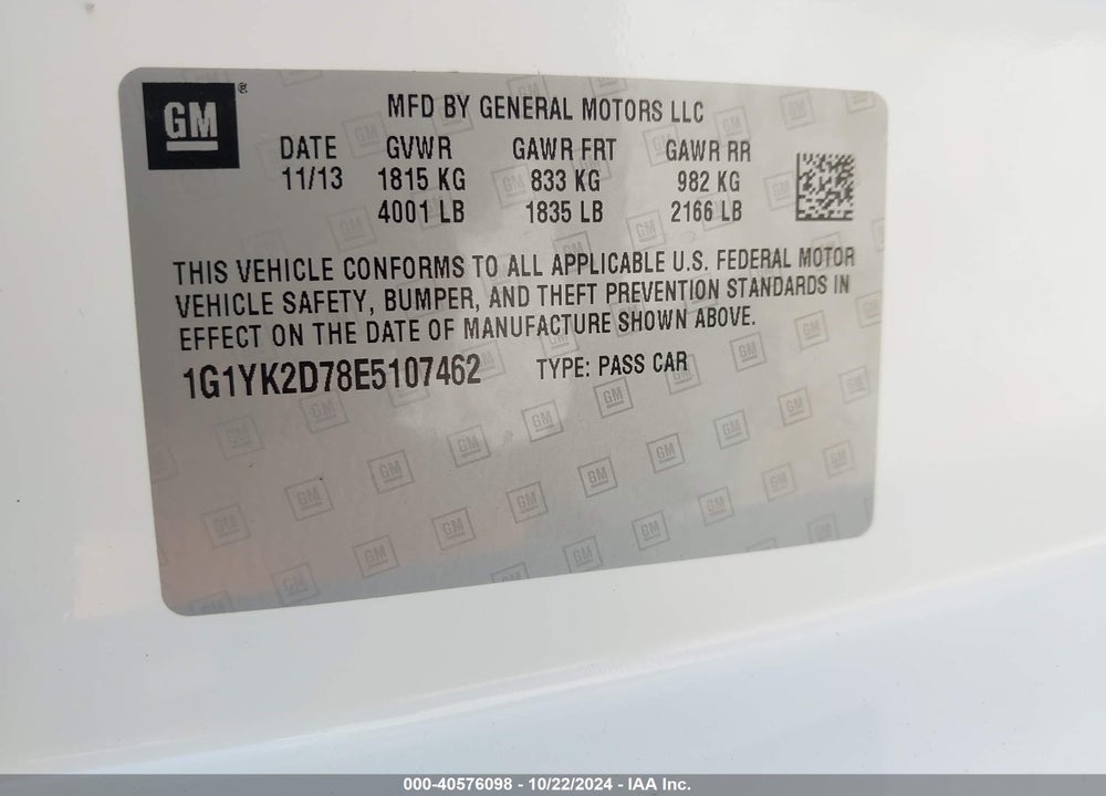 2014 CHEVROLET CORVETTE STINGRAY Z51 VIN: 1G1YK2D78E5107462