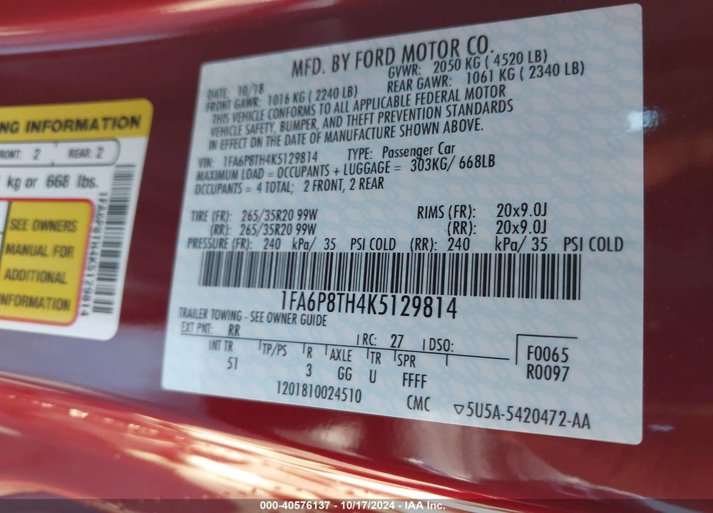 2019 FORD MUSTANG ECOBOOST PREMIUM VIN: 1FA6P8TH4K5129814