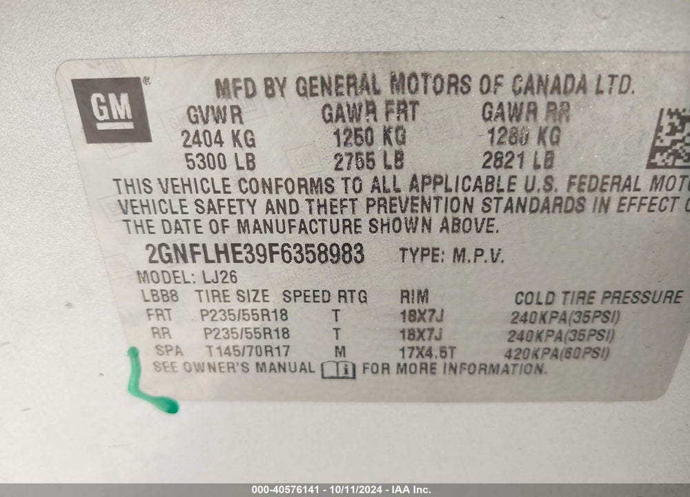 2015 CHEVROLET EQUINOX LTZ VIN: 2GNFLHE39F6358983
