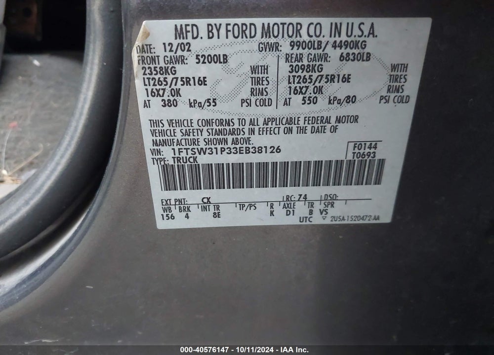 2003 FORD F-350 LARIAT/XL/XLT VIN: 1FTSW31P33EB38126