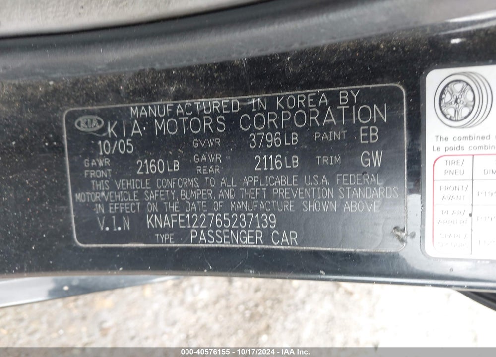 2006 KIA SPECTRA EX/LX/SX VIN: KNAFE122765237139